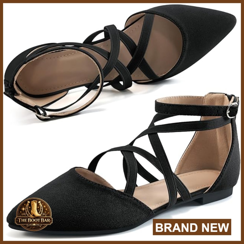 Pointed Toe Ballet Flats With Zipper Ankle Strap Cushioned Insole